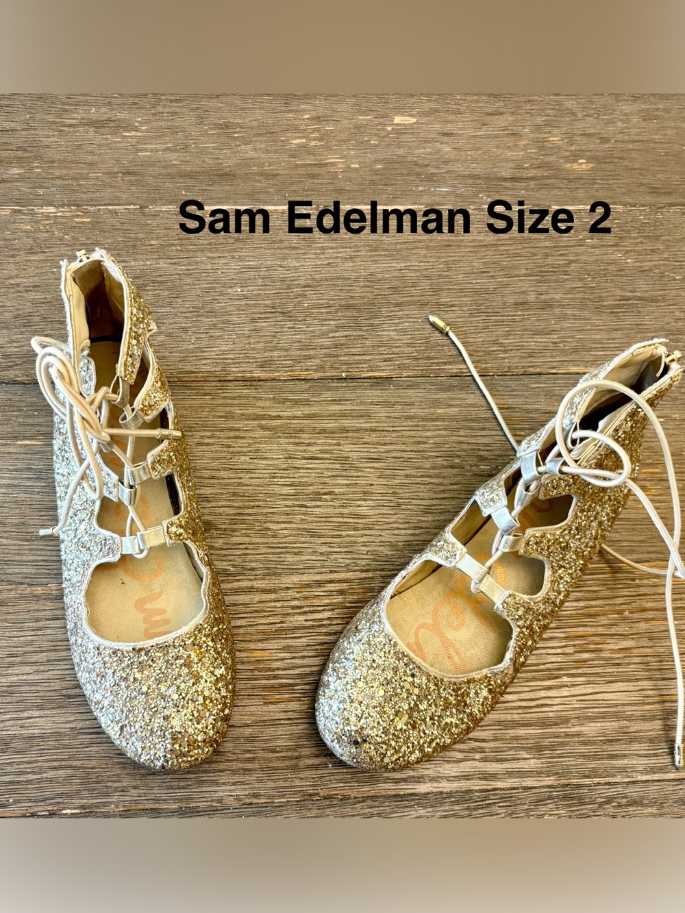 Sam Edelman Gold Glitter Lace-Up Flats